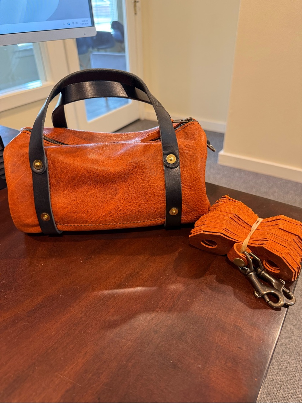 Small Barrel Bag in Tangerine with Black Handles